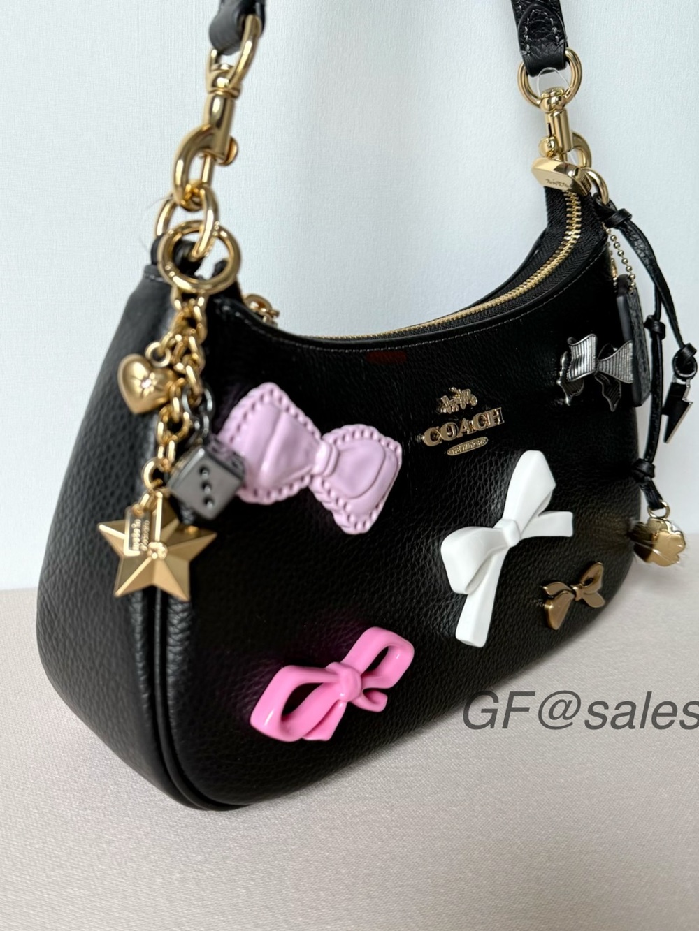 Coach Teri Shoulder Bag Black Pebble Leather Bow Charm Set CDY93 NWT - Picture 3 of 15
